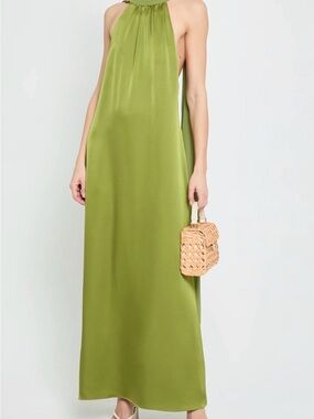 Satin Halter Maxi Dress in Olive Green